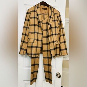 New York & Company Tan Plaid Pantsuit